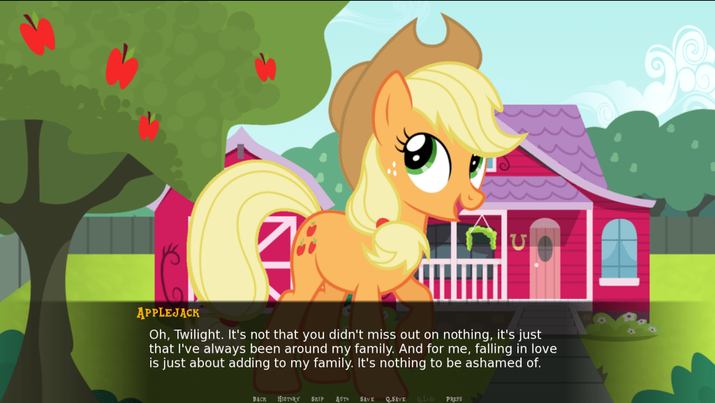 Applejack says "Oh, Twilight. It's not that you didn't miss out on nothing, it's just that I've always been around my family. And for me, falling in love is just about adding to my family. It's nothing to be ashamed of."