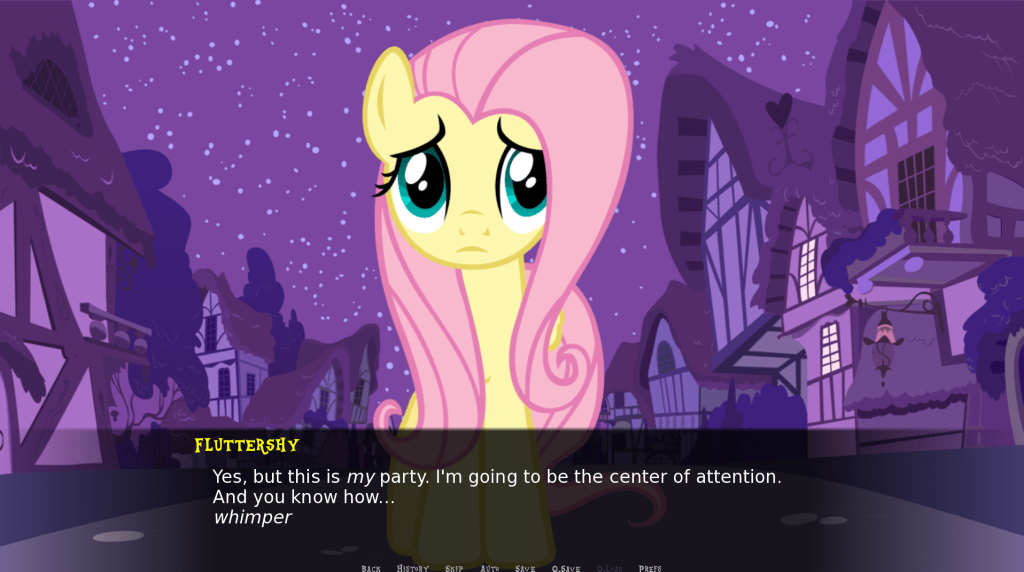 Fluttershy says "Yes, but this is *my* party. I'm going to be the center of attention. And you know how... *whimper*"