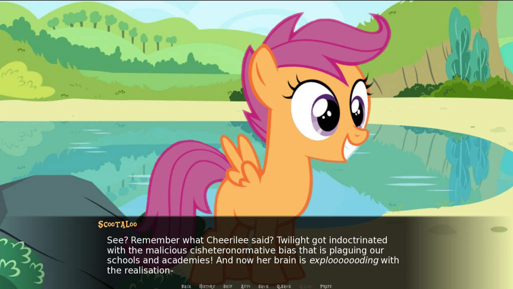 Scootaloo says "See? Remember what Cheerilee said? Twilight got indoctrinated with the malicious cisheteronormative bias that is plaguing our schools and academies! And now her brain is *explooooooding* with the realisation-"